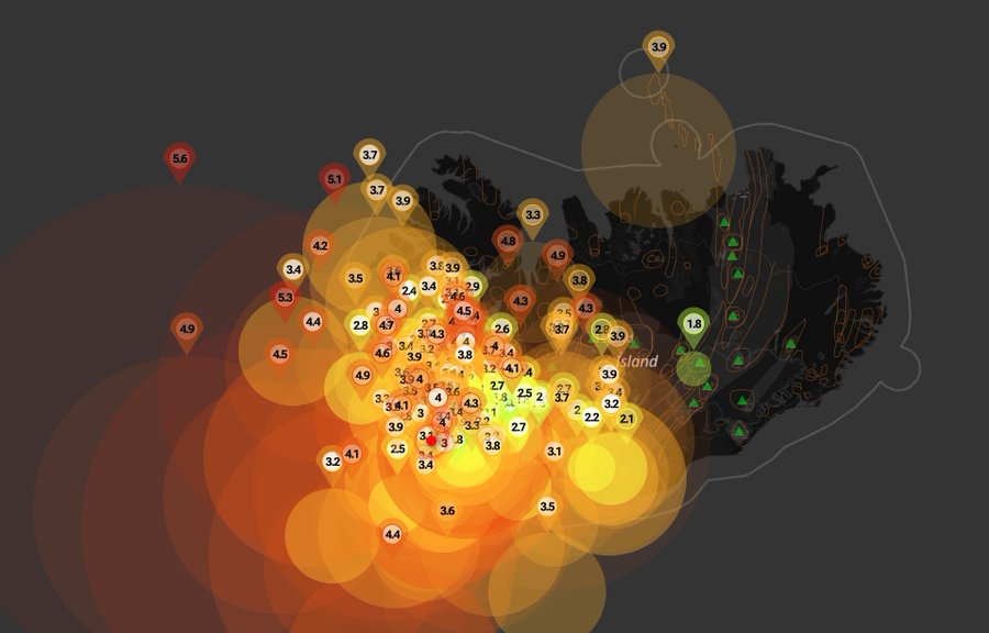 Map of Island overlaying many dozens of yellow to red circles